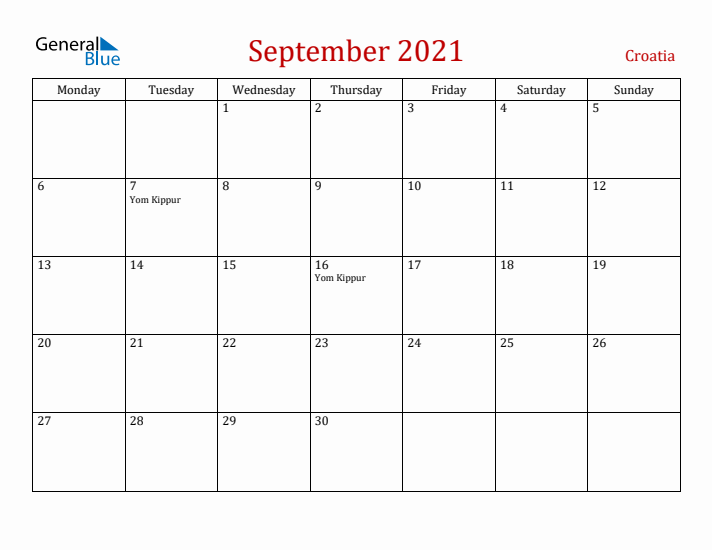 Croatia September 2021 Calendar - Monday Start