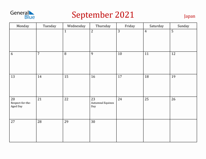 Japan September 2021 Calendar - Monday Start
