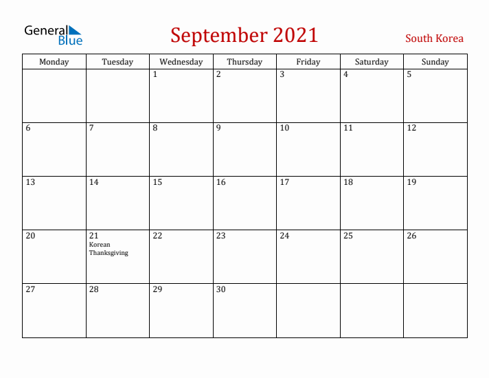 South Korea September 2021 Calendar - Monday Start