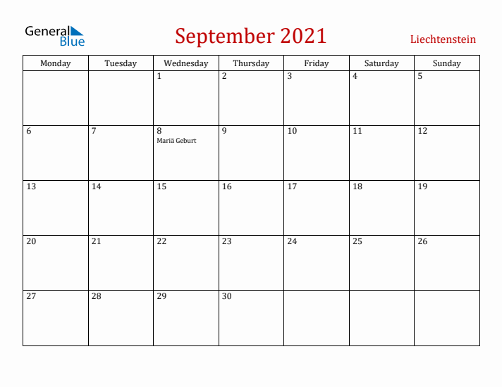 Liechtenstein September 2021 Calendar - Monday Start