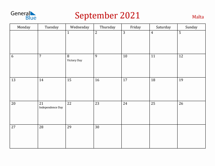 Malta September 2021 Calendar - Monday Start