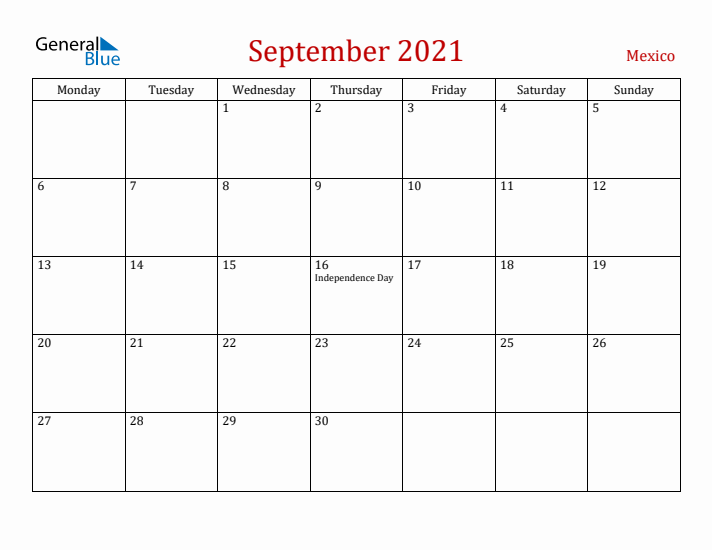 Mexico September 2021 Calendar - Monday Start