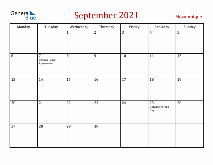 Mozambique September 2021 Calendar - Monday Start