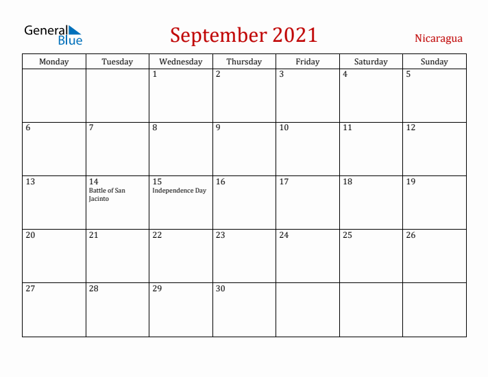 Nicaragua September 2021 Calendar - Monday Start
