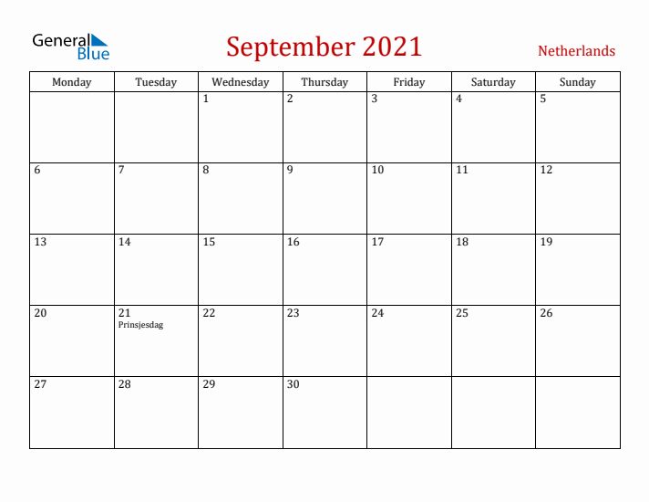 The Netherlands September 2021 Calendar - Monday Start
