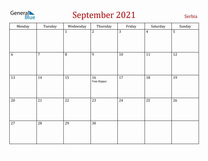 Serbia September 2021 Calendar - Monday Start