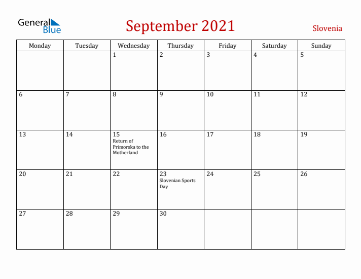 Slovenia September 2021 Calendar - Monday Start