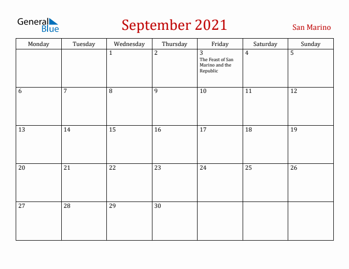 San Marino September 2021 Calendar - Monday Start