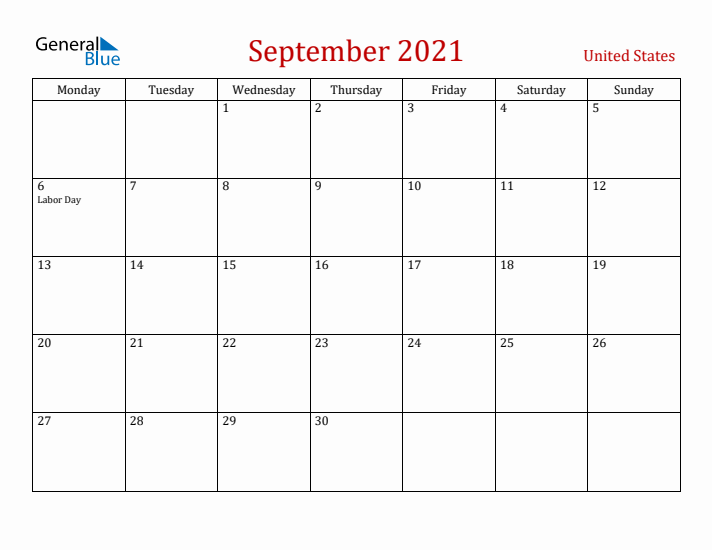 United States September 2021 Calendar - Monday Start