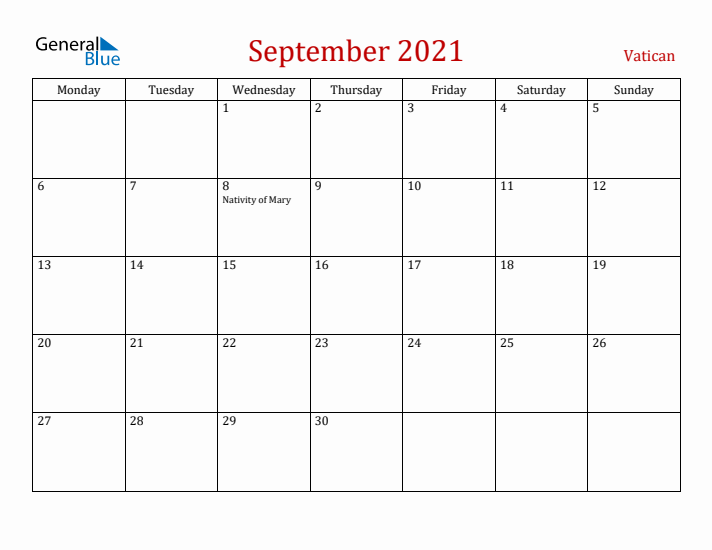 Vatican September 2021 Calendar - Monday Start