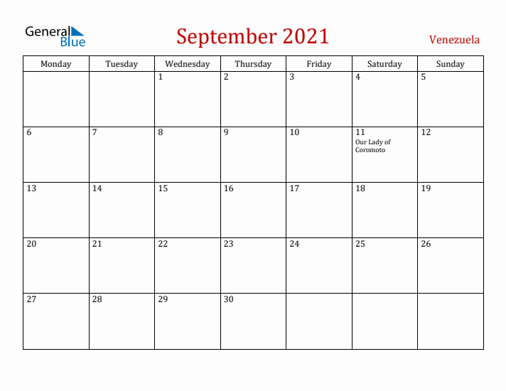 Venezuela September 2021 Calendar - Monday Start