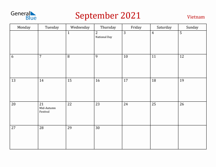 Vietnam September 2021 Calendar - Monday Start