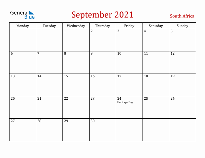 South Africa September 2021 Calendar - Monday Start