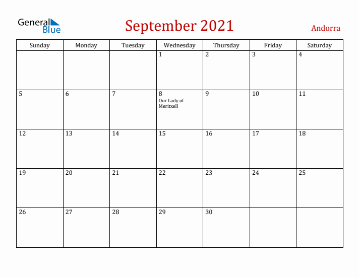 Andorra September 2021 Calendar - Sunday Start