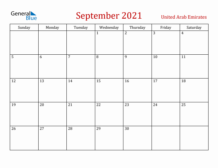 United Arab Emirates September 2021 Calendar - Sunday Start