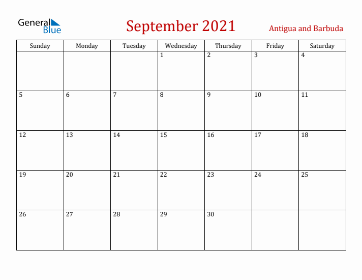 Antigua and Barbuda September 2021 Calendar - Sunday Start