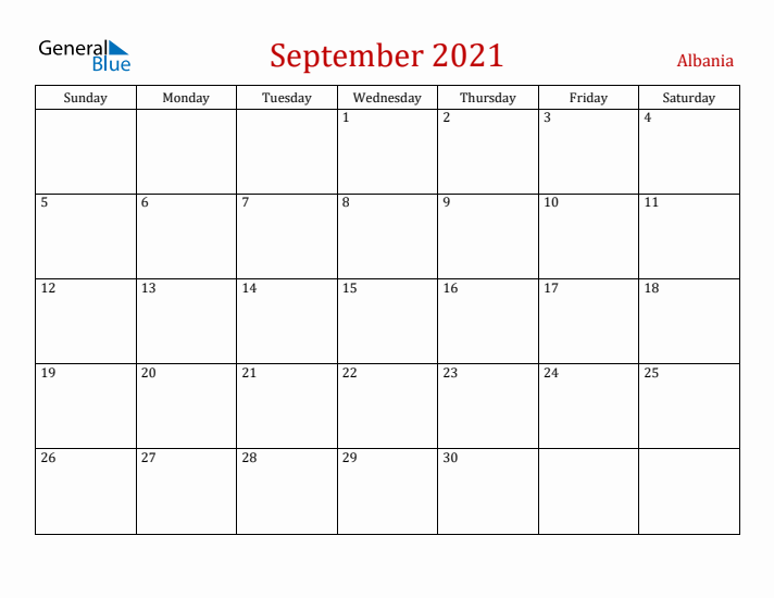 Albania September 2021 Calendar - Sunday Start