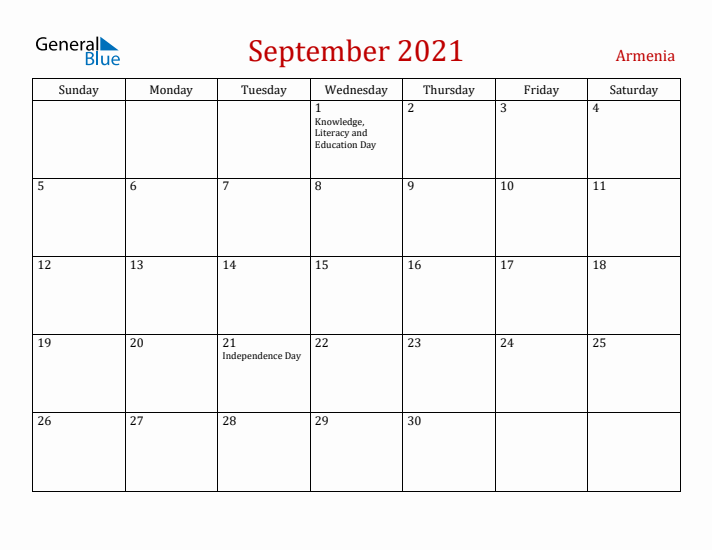 Armenia September 2021 Calendar - Sunday Start