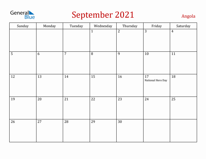 Angola September 2021 Calendar - Sunday Start
