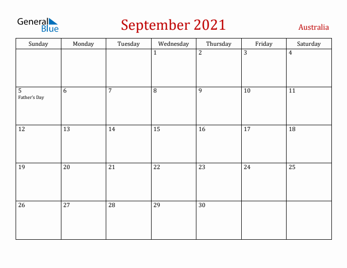 Australia September 2021 Calendar - Sunday Start