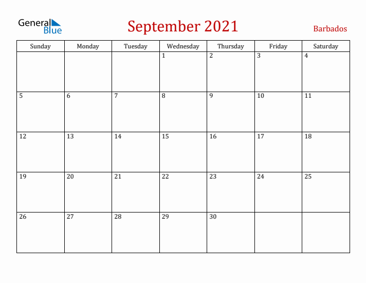 Barbados September 2021 Calendar - Sunday Start