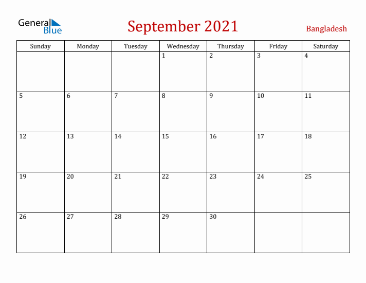 Bangladesh September 2021 Calendar - Sunday Start