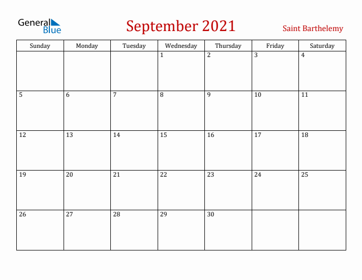 Saint Barthelemy September 2021 Calendar - Sunday Start