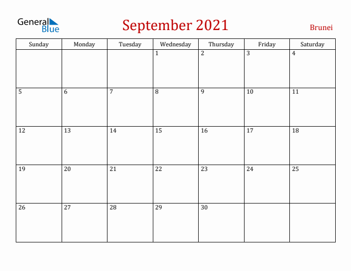 Brunei September 2021 Calendar - Sunday Start