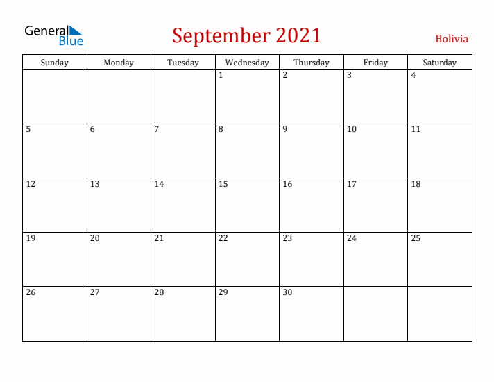 Bolivia September 2021 Calendar - Sunday Start