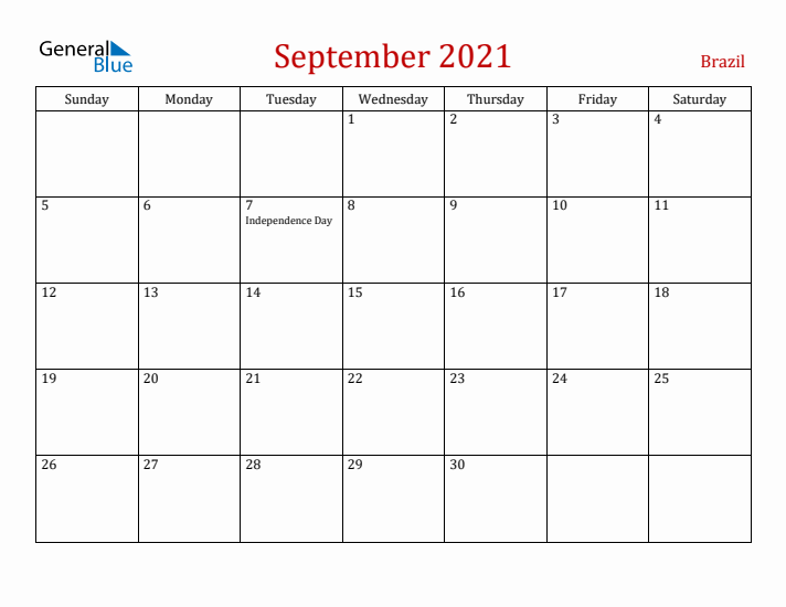 Brazil September 2021 Calendar - Sunday Start