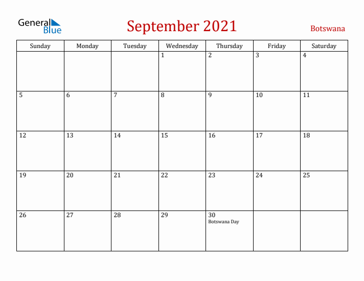Botswana September 2021 Calendar - Sunday Start
