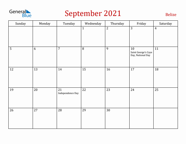Belize September 2021 Calendar - Sunday Start