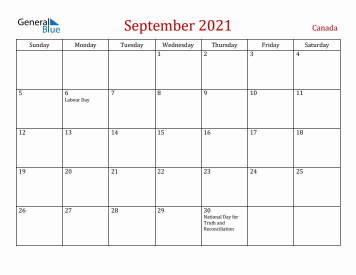 Canada September 2021 Calendar - Sunday Start