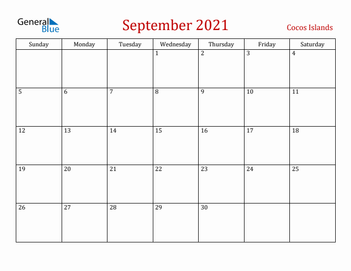 Cocos Islands September 2021 Calendar - Sunday Start