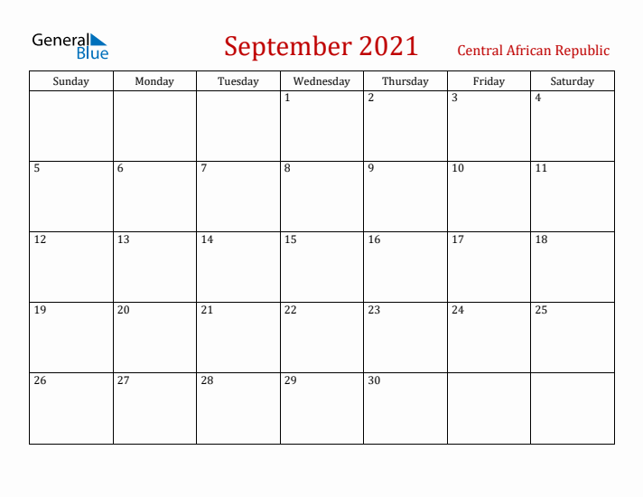 Central African Republic September 2021 Calendar - Sunday Start