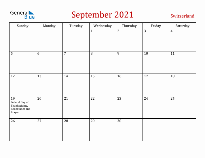 Switzerland September 2021 Calendar - Sunday Start