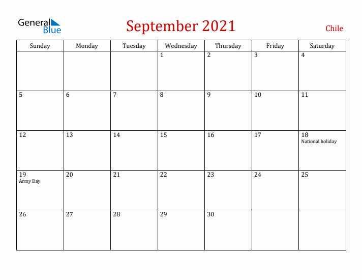 Chile September 2021 Calendar - Sunday Start