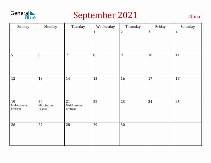 China September 2021 Calendar - Sunday Start