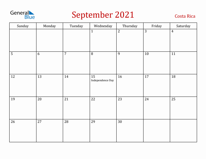 Costa Rica September 2021 Calendar - Sunday Start
