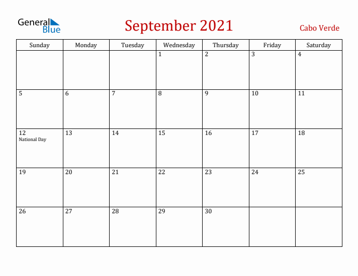 Cabo Verde September 2021 Calendar - Sunday Start