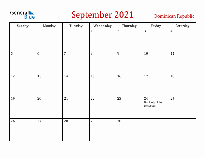 Dominican Republic September 2021 Calendar - Sunday Start