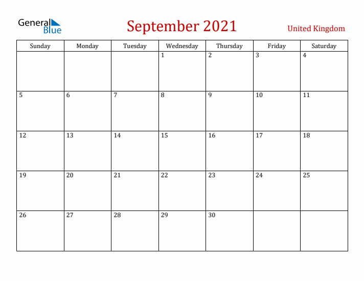 United Kingdom September 2021 Calendar - Sunday Start