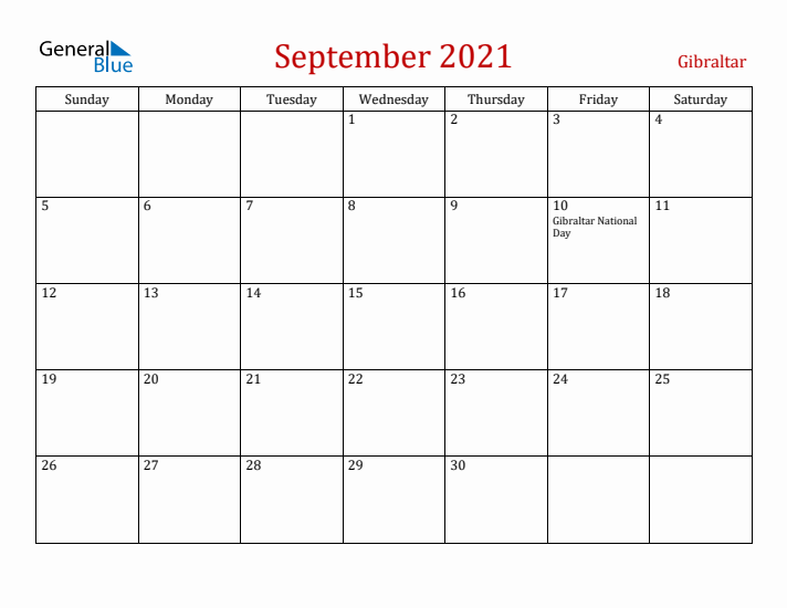 Gibraltar September 2021 Calendar - Sunday Start