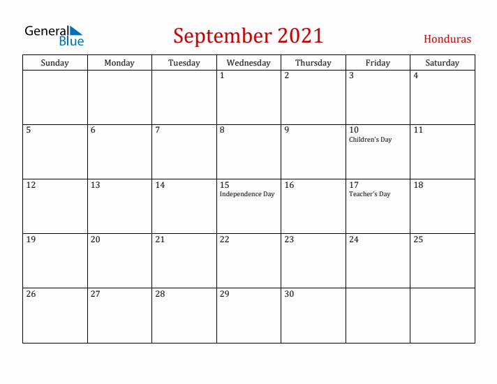 Honduras September 2021 Calendar - Sunday Start