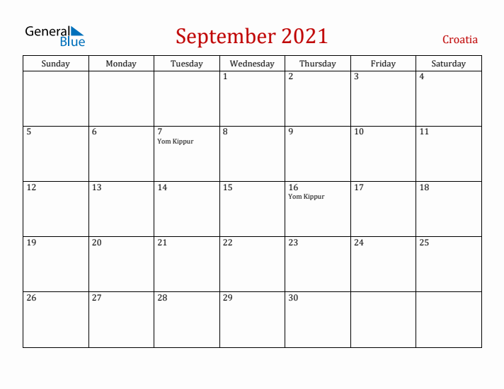 Croatia September 2021 Calendar - Sunday Start