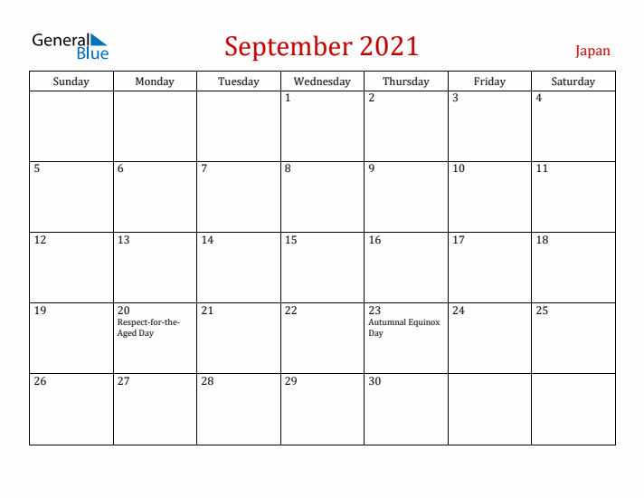 Japan September 2021 Calendar - Sunday Start