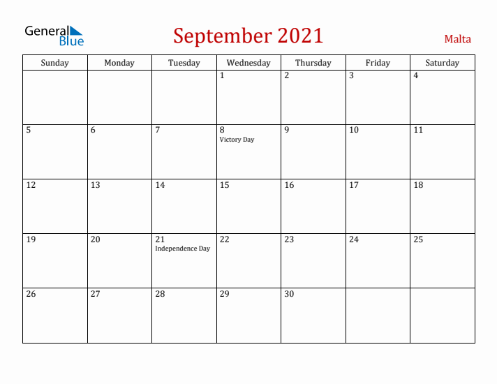 Malta September 2021 Calendar - Sunday Start