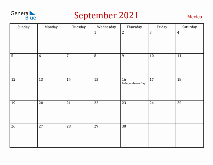 Mexico September 2021 Calendar - Sunday Start