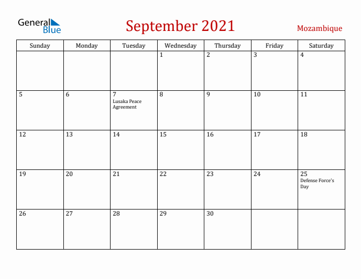 Mozambique September 2021 Calendar - Sunday Start