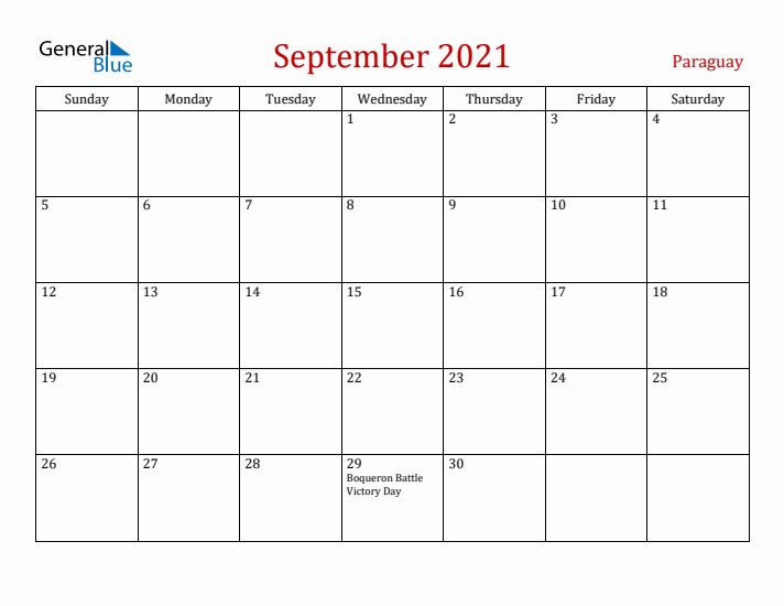 Paraguay September 2021 Calendar - Sunday Start